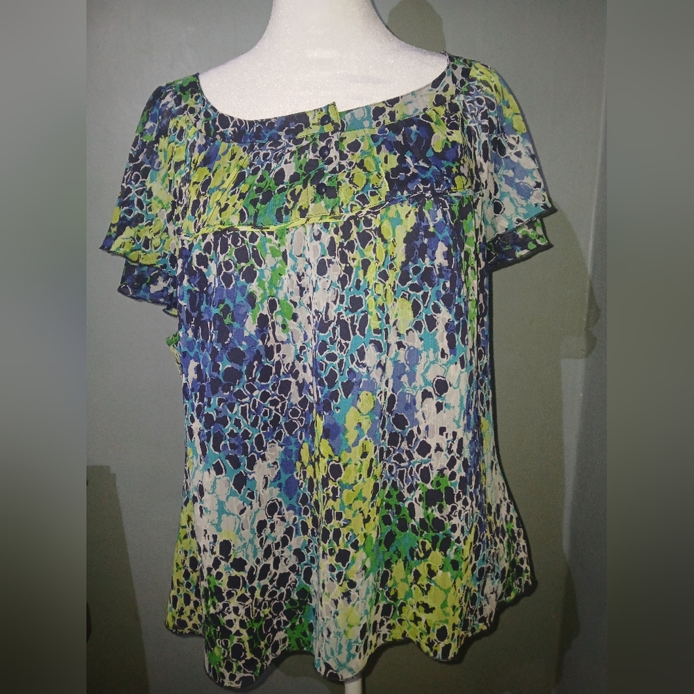 CJ Banks Blue & Green Abstract Floral Flutter Sleeve Top | Size XL